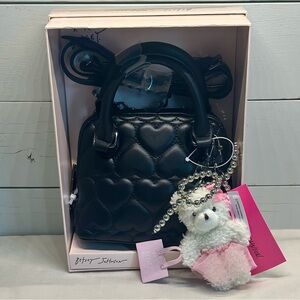 Betsey Johnson XOJOYY Bag Gift Box Black Quilted Hearts Teddy Bear Charm Bow Y2K